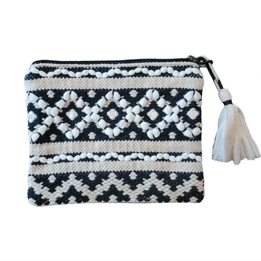 Chicosoleil Women's Large Woven Boho Cosmetics Pouch/Clutch, Black/Cream/White